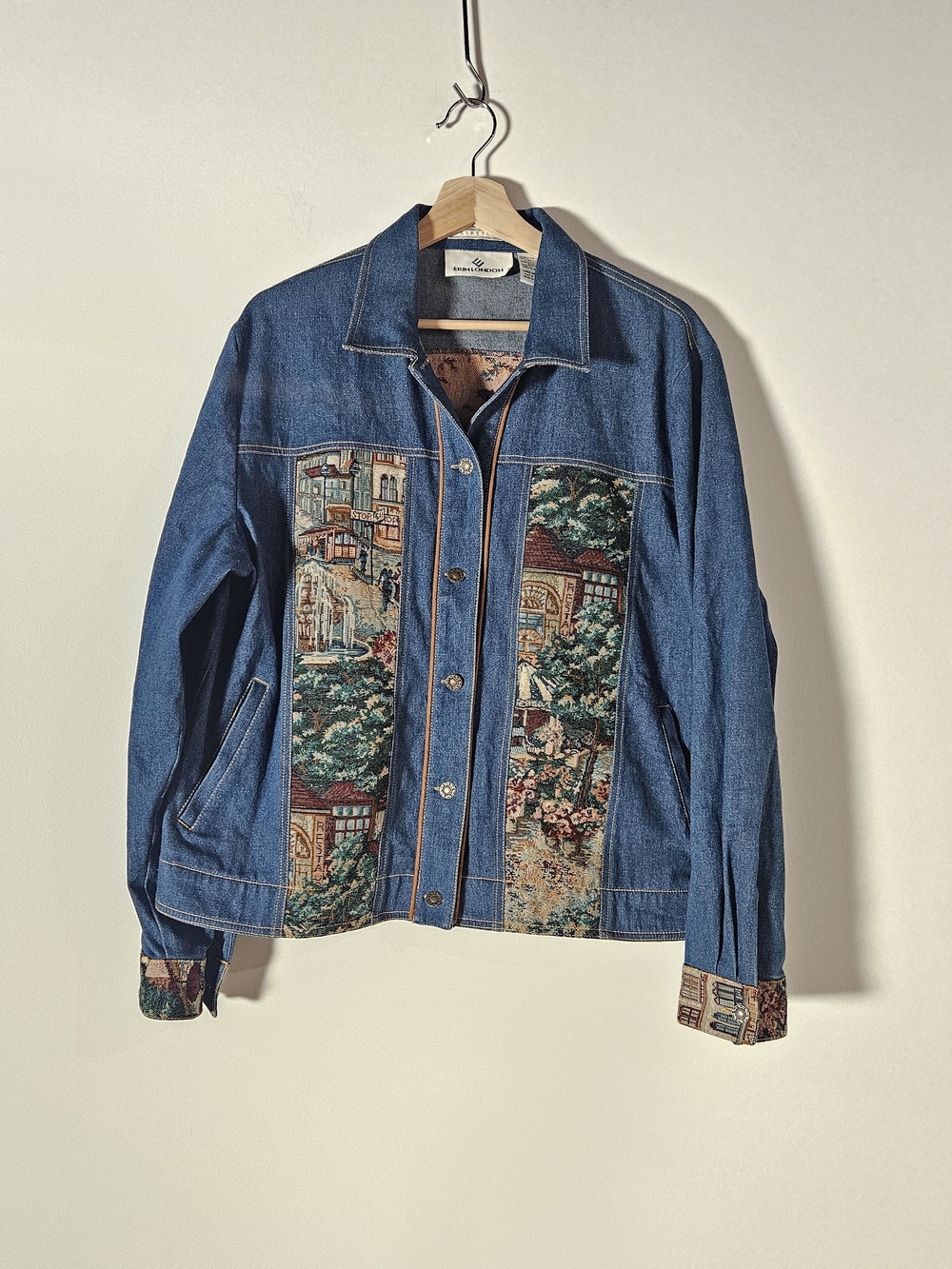 Vintage Erin London Denim Tapestry Jacket Cottage Boho Village Size Large